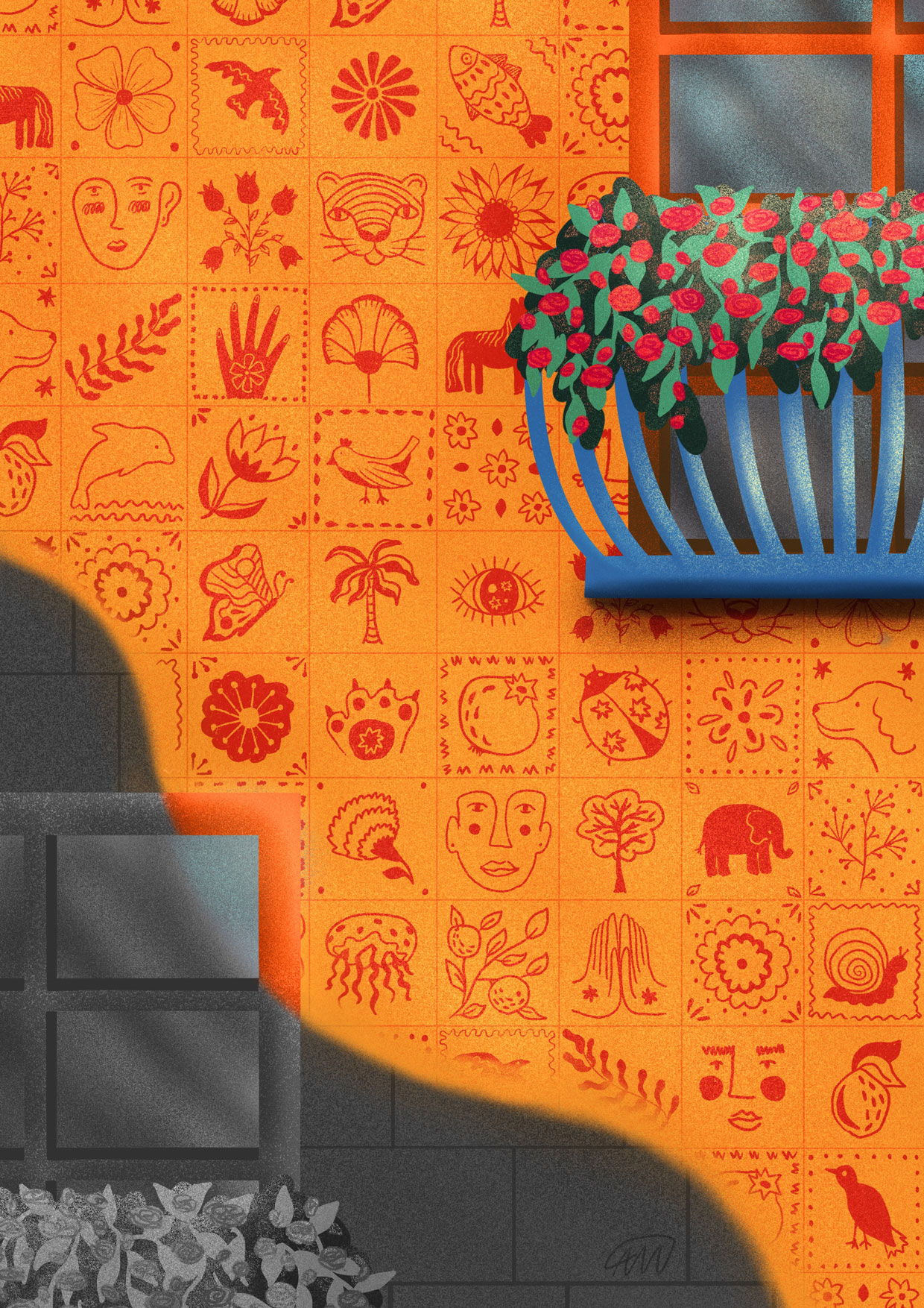 Digital illustration of tiles on the wall with sunlight created by Anna Polhorodnyk