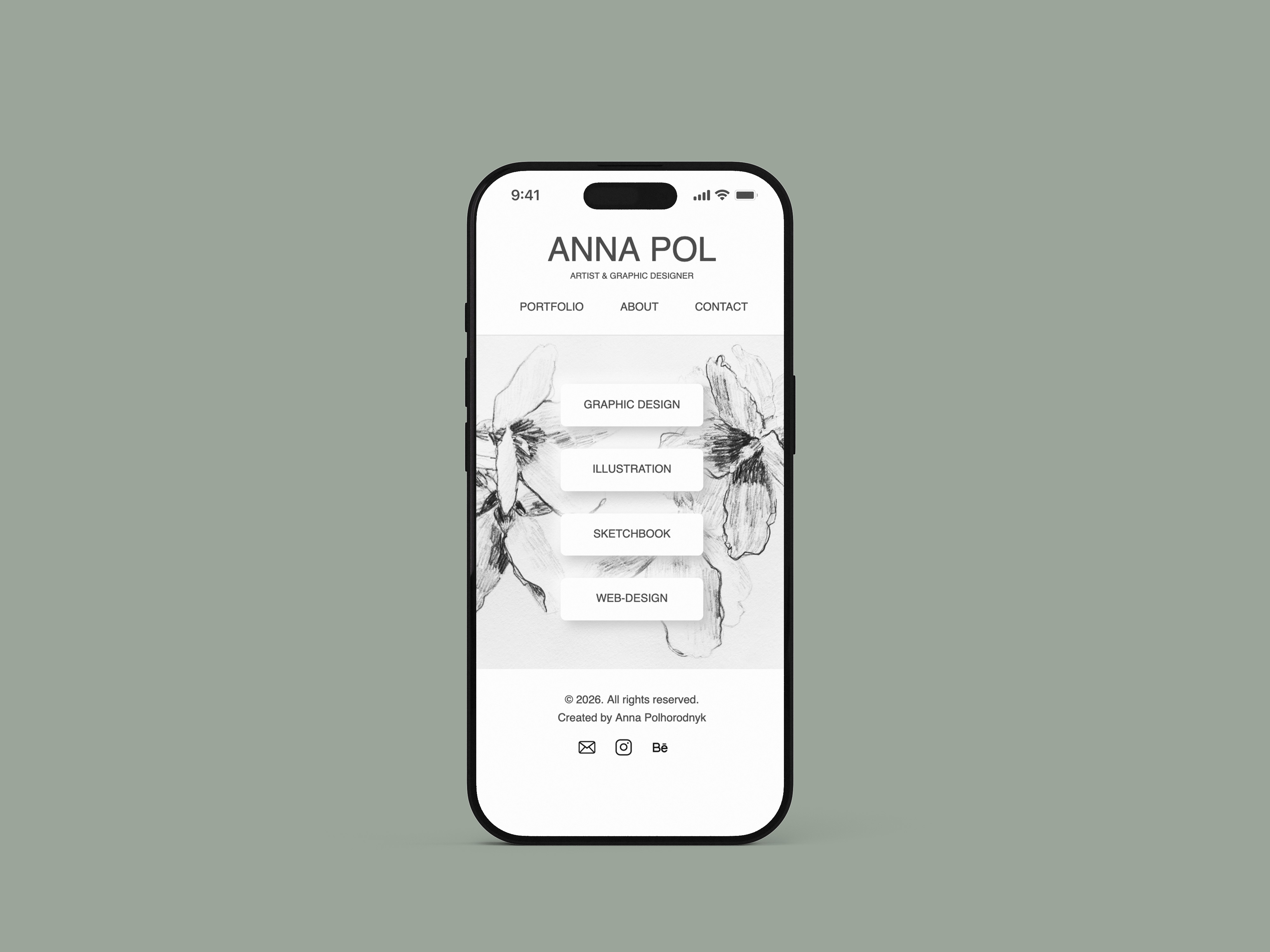 Web design for an artist and designer - mobile version